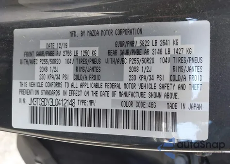 2020 Mazda Cx-9 Grand Touring z USA, uszkodzony, nr VIN JM3TCBDY3L0412148